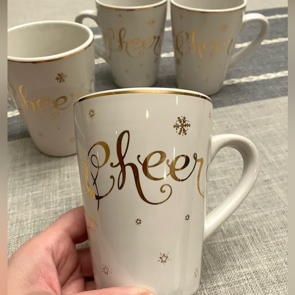 White and Gold “Cheer” Mugs, set of 4 - NWOT